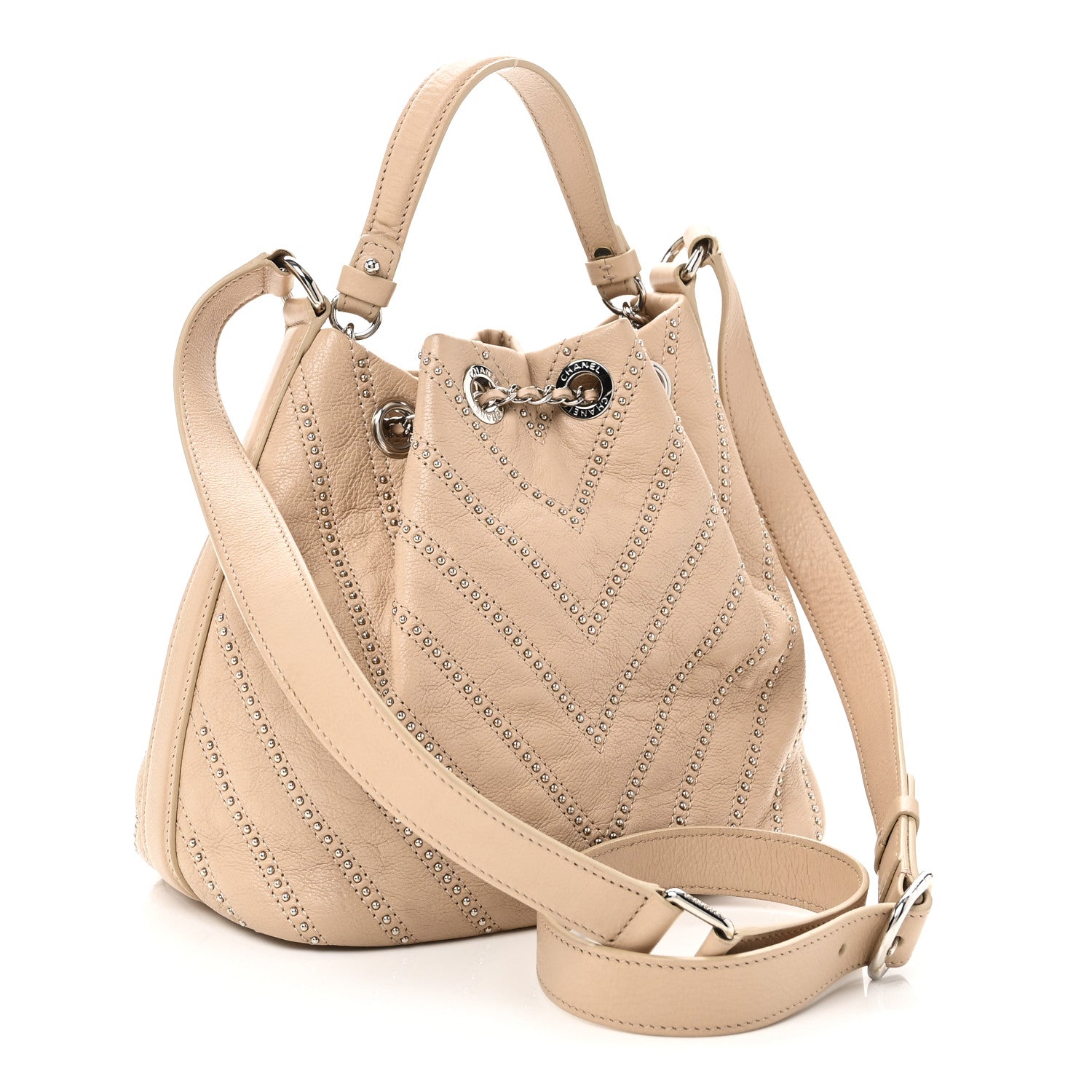 Calfskin Studded Chevron Quilted Small Stud Wars Drawstring Bag Beige