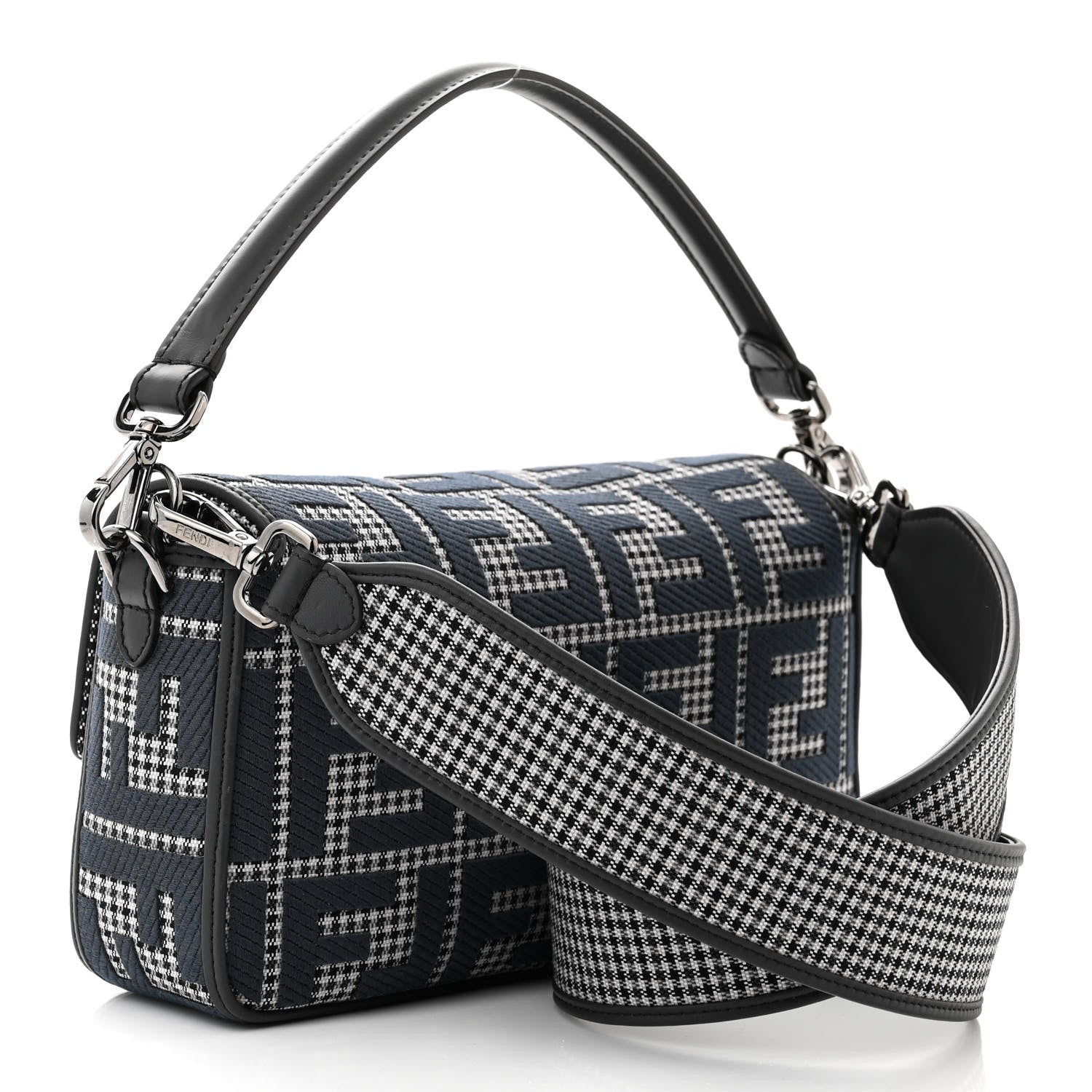 Wool Vitello King Houndstooth FF Embroidered Baguette Grigio Anthracite