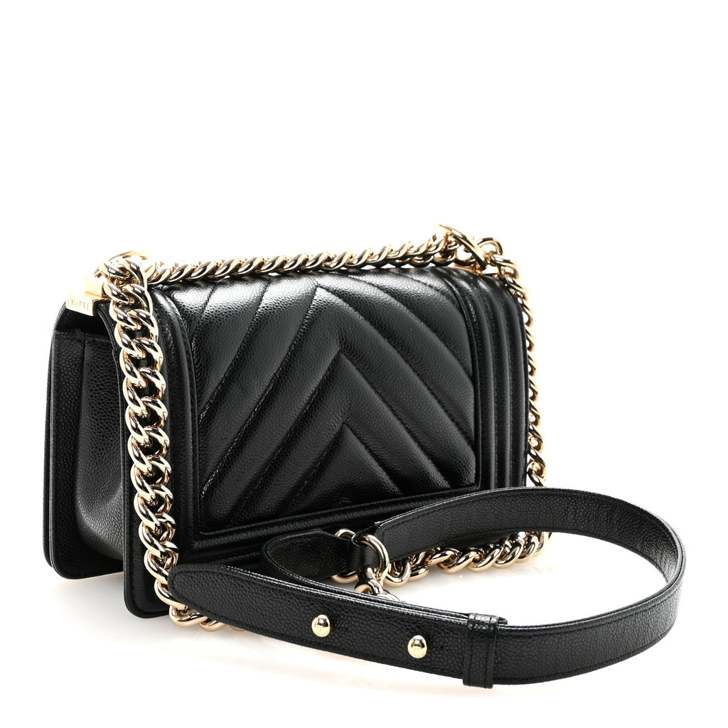 Caviar Chevron Quilted Small Boy Flap Black