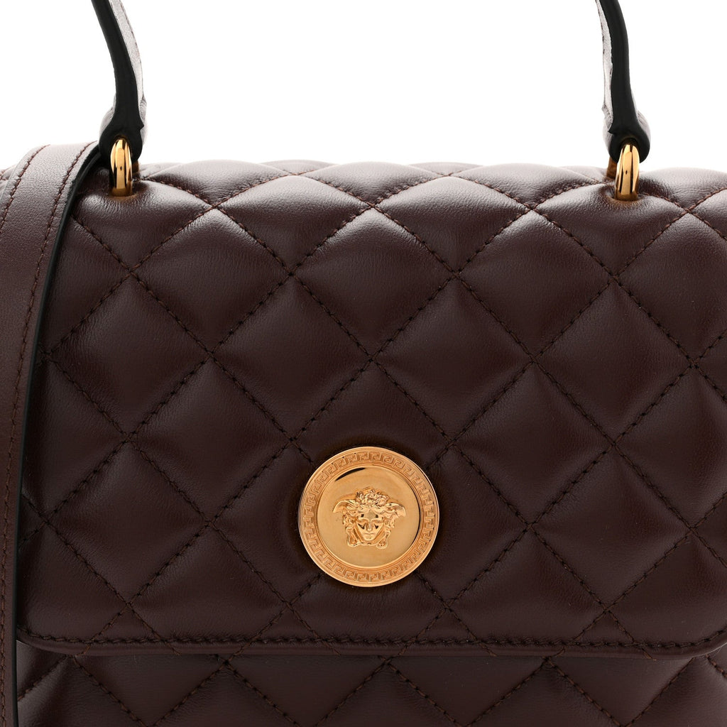Nappa Quilted Medusa Top Handle Crossbody Flap Dark Brown