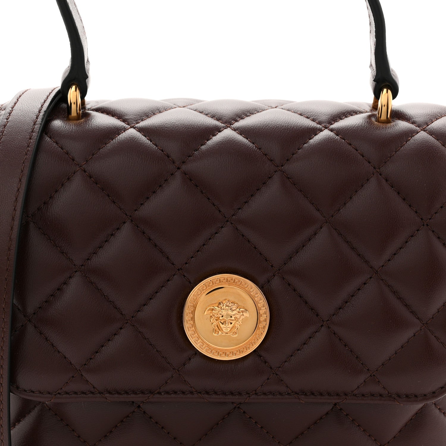 Nappa Quilted Medusa Top Handle Crossbody Flap Dark Brown