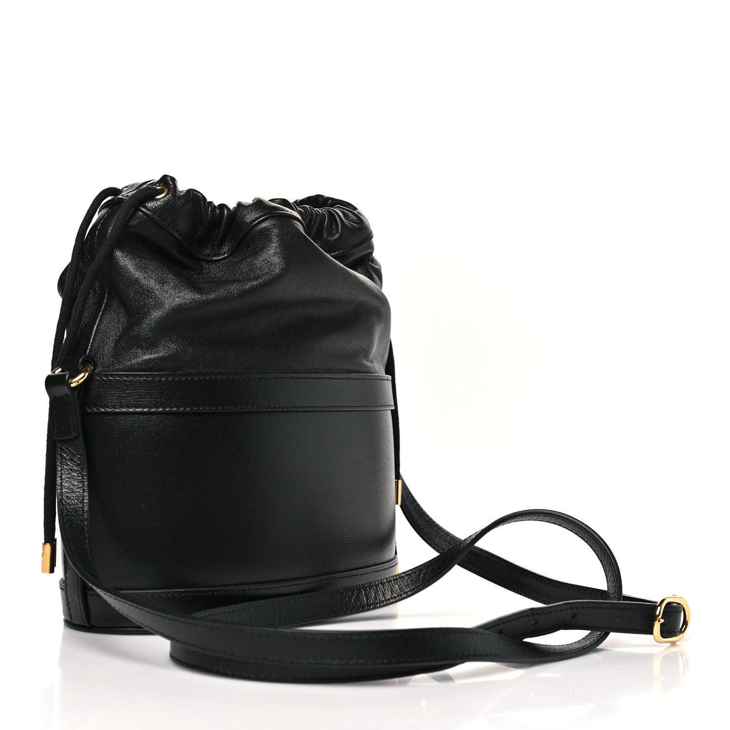 Azalea Sakai Calfskin Horsebit 1955 Drawstring Bucket Bag Black