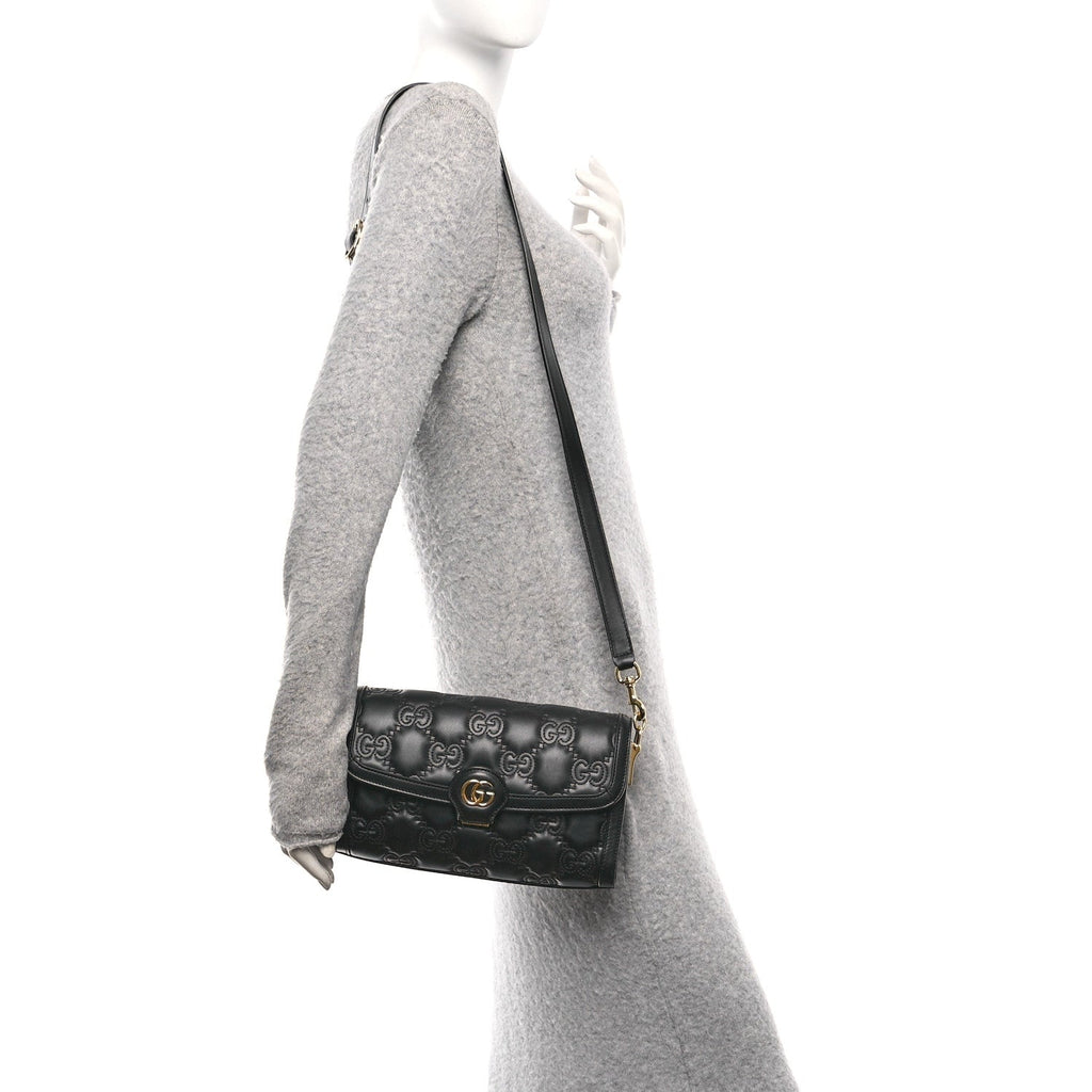 Calfskin GG Matelasse Small Flap Shoulder Bag Black Natural