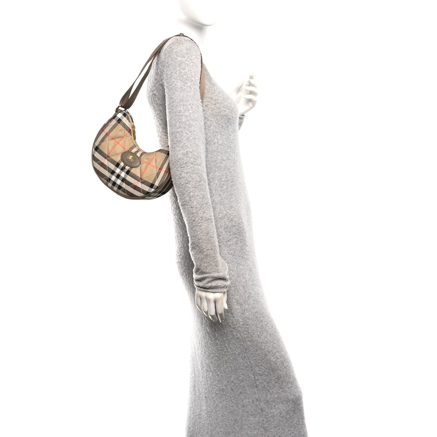 Nylon Check Horseshoe Crossbody Bag Sand Beige