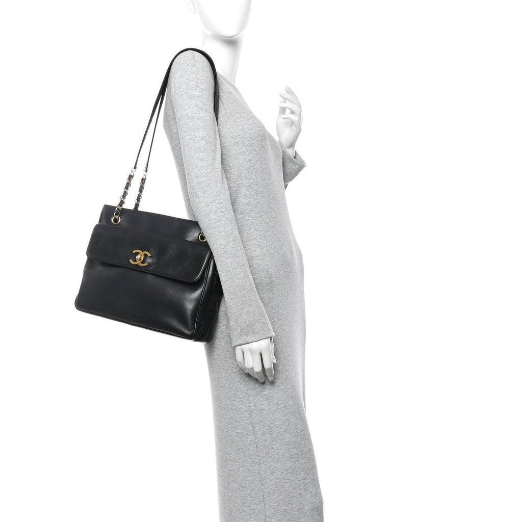 Lambskin CC Flap Shopping Tote Black