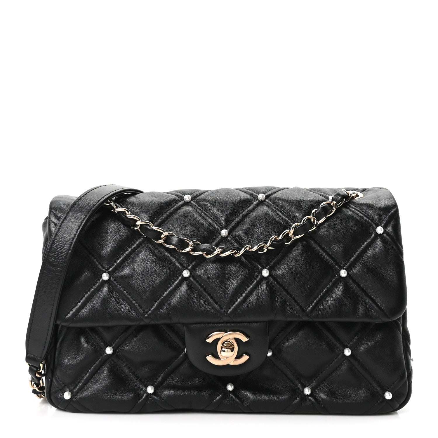 Lambskin Quilted Pearl Studded Flap Black