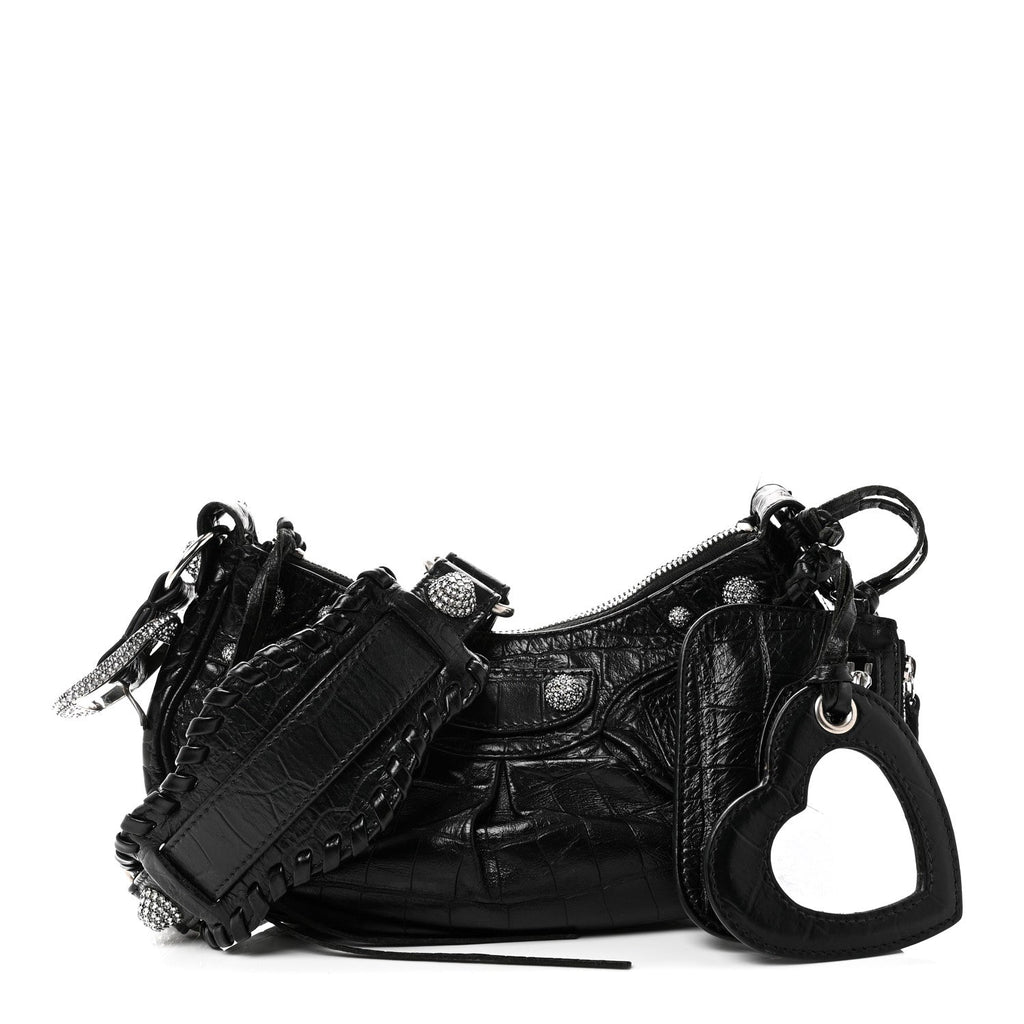 Extra Supple Calfskin Crystal Crocodile Embossed Le Cagole Shoulder Bag XS Black