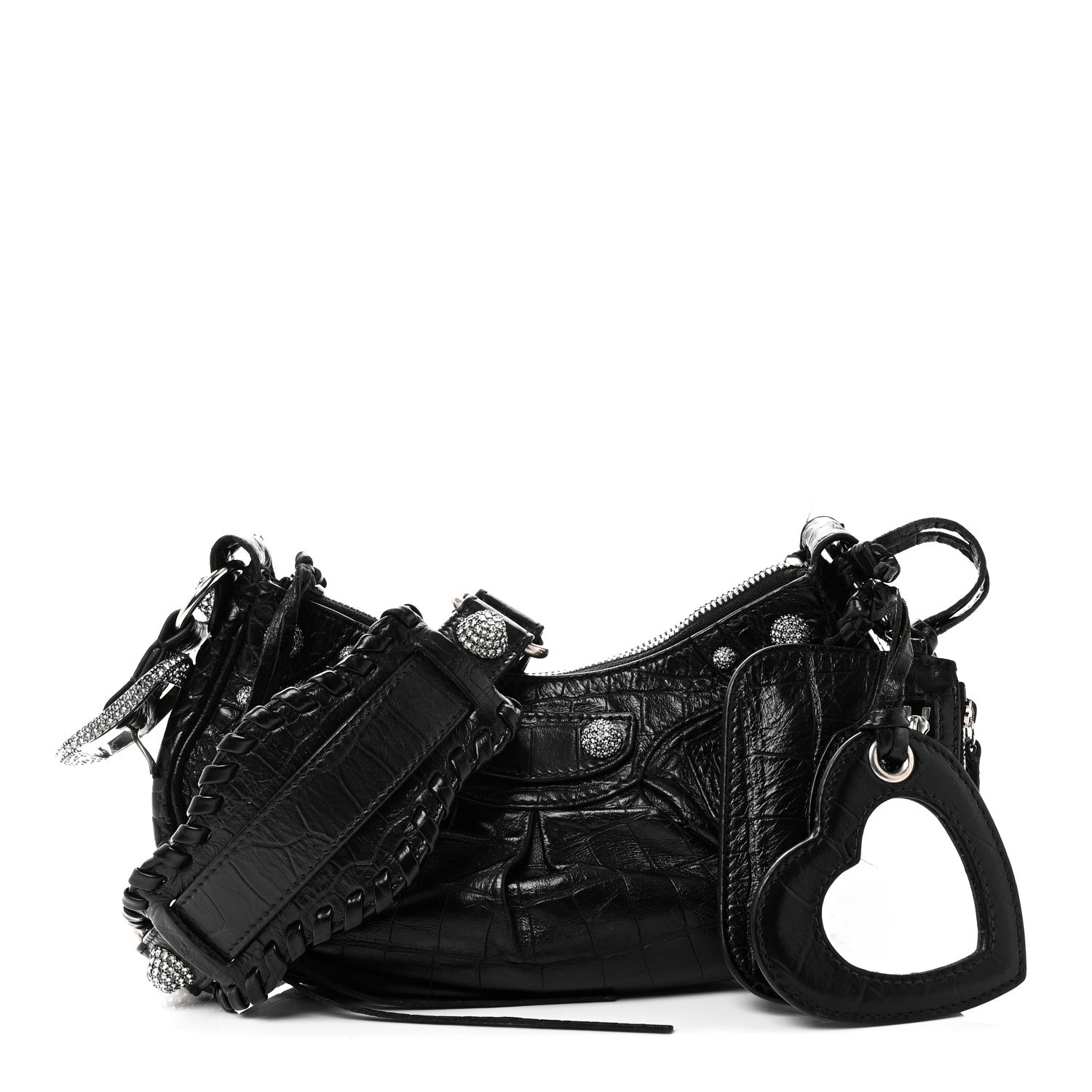 Extra Supple Calfskin Crystal Crocodile Embossed Le Cagole Shoulder Bag XS Black