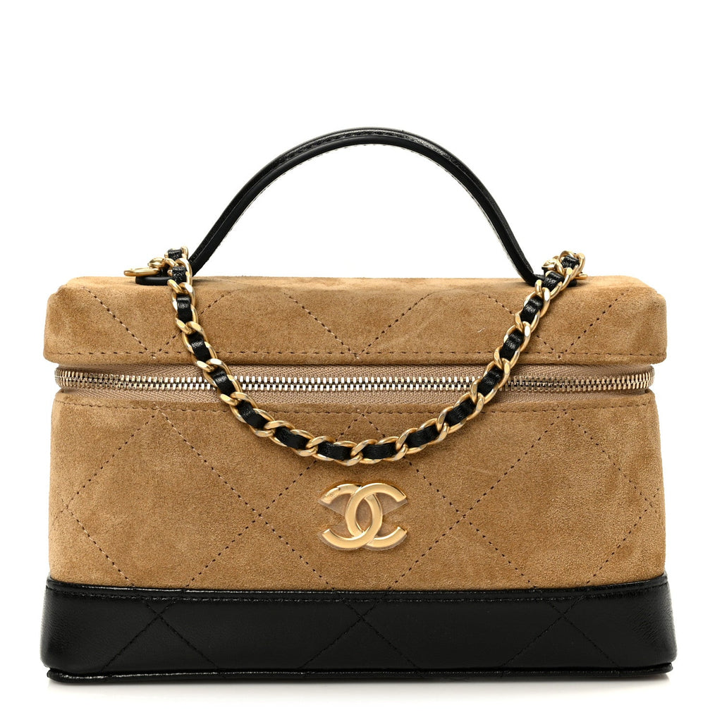 Suede Calfskin Shiny Lambskin Stitched Top Handle Slim Vanity Case With Chain Beige Black