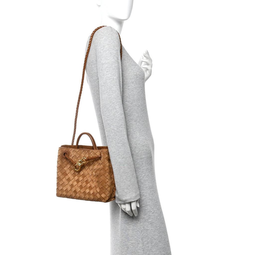 Suede Intrecciato Small Andiamo Shoulder Bag Amber