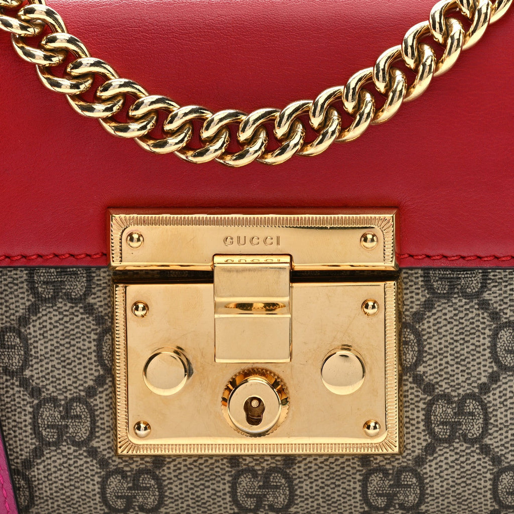 GG Supreme Monogram Calfskin Small Padlock Shoulder Bag Beige Hibiscus Red New Rosette