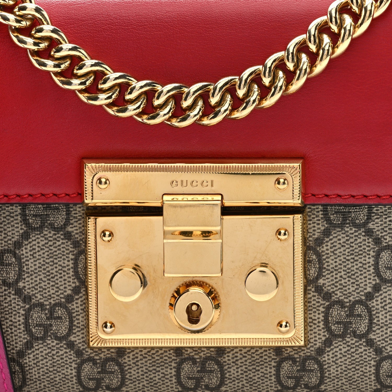 GG Supreme Monogram Calfskin Small Padlock Shoulder Bag Beige Hibiscus Red New Rosette