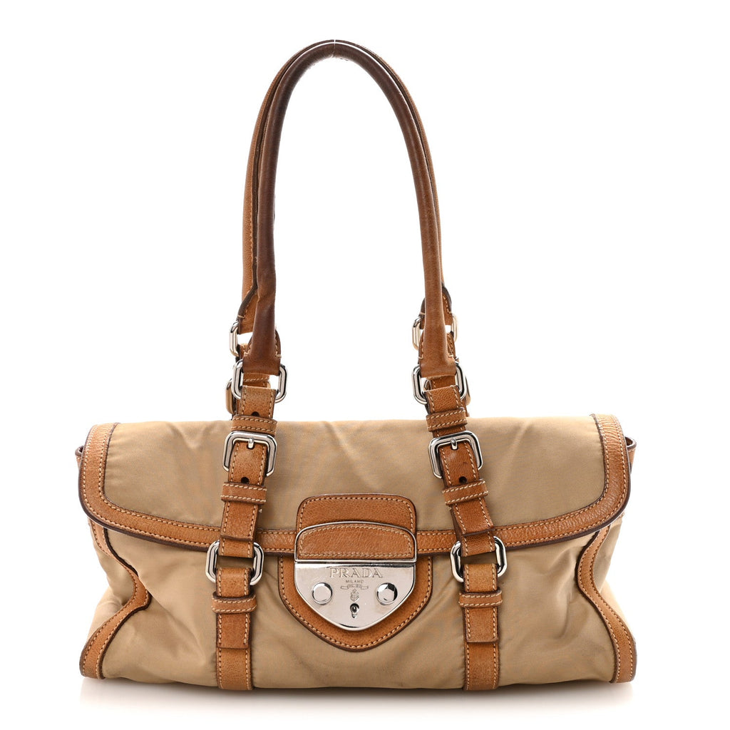 Tessuto Nylon Vitello Foldover Pushlock Satchel Beige