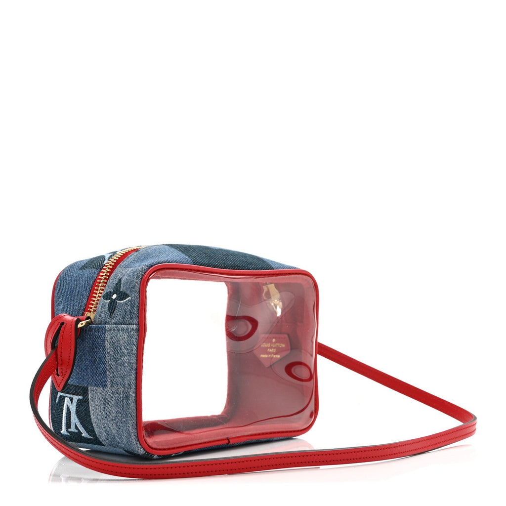 Denim Damier Monogram Patchwork PVC Beach Pouch Blue Rouge