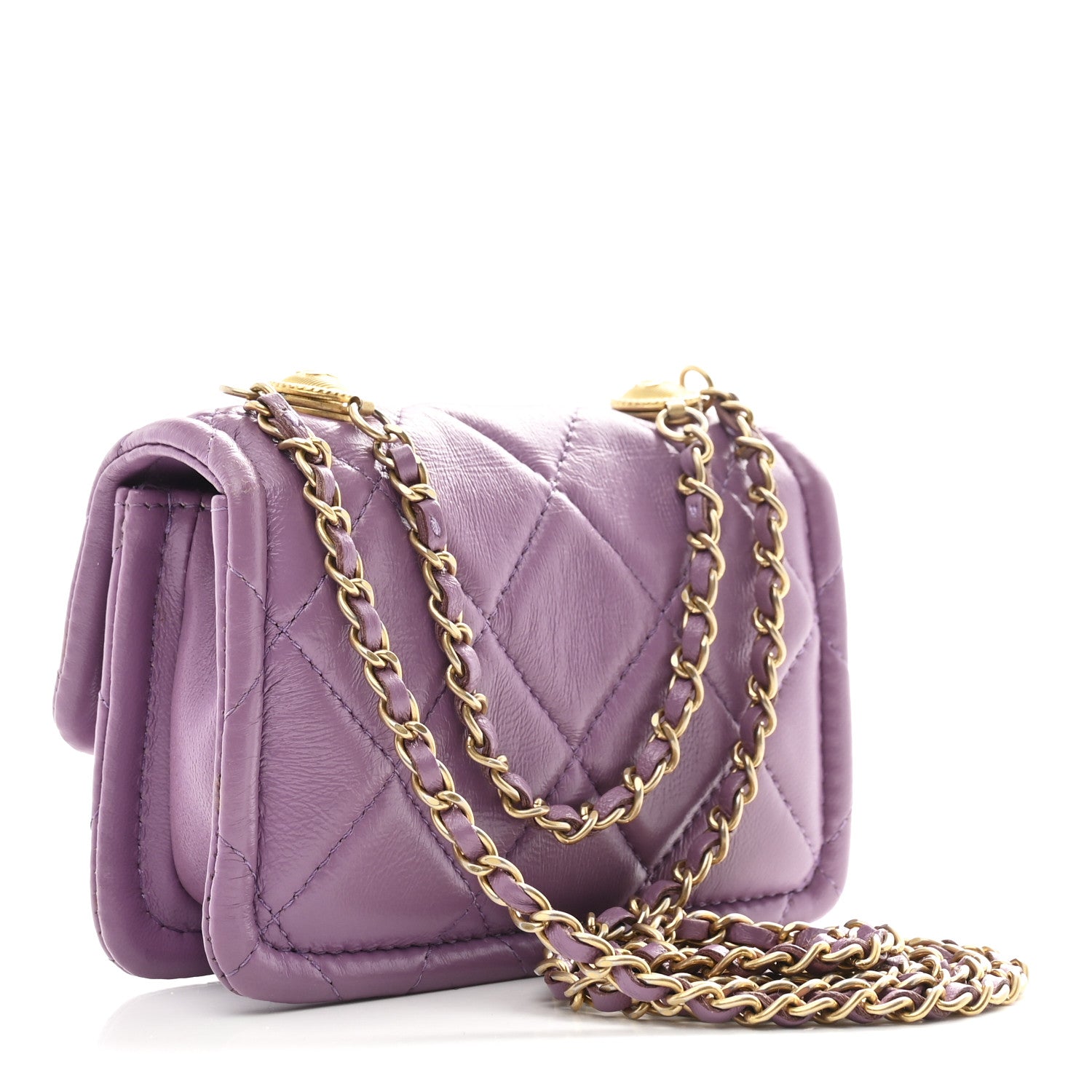 Shiny Lambskin Quilted Extra Mini Flap Purple