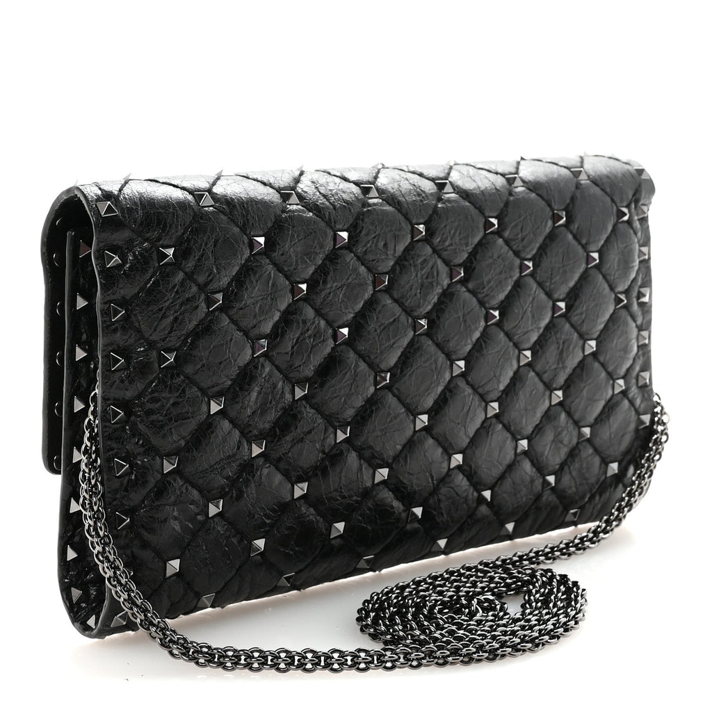 Craquele Nappa Rockstud Spike Wallet on Chain Black