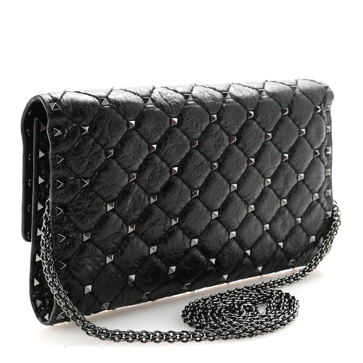 Craquele Nappa Rockstud Spike Wallet on Chain Black