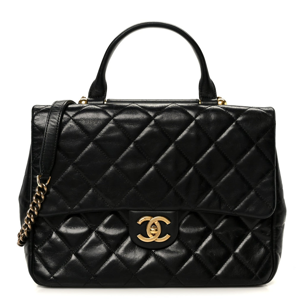 Glazed Calfskin Quilted Large Gold Bar Top Handle Flap Black