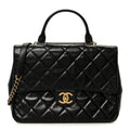 Glazed Calfskin Quilted Large Gold Bar Top Handle Flap Black