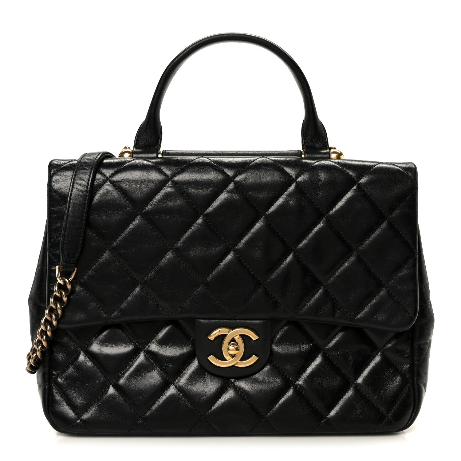 Glazed Calfskin Quilted Large Gold Bar Top Handle Flap Black
