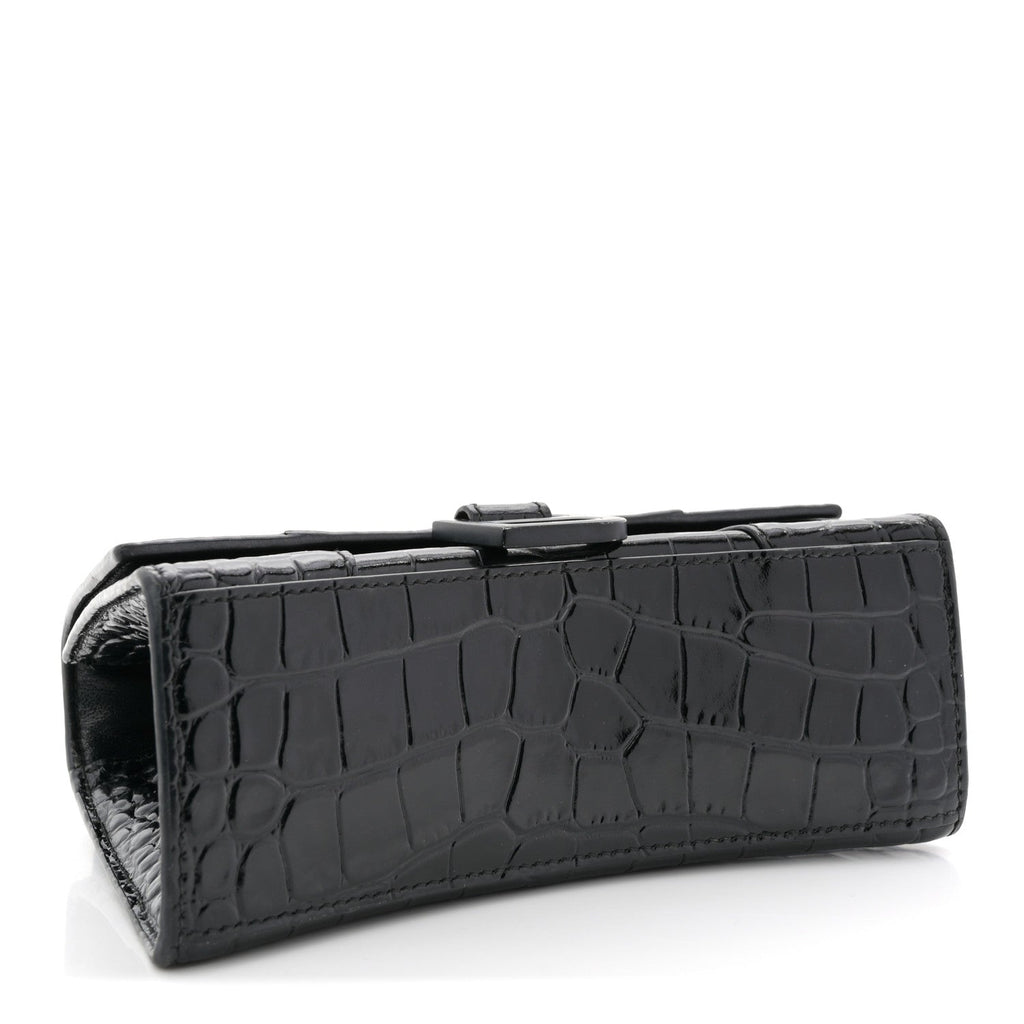 Shiny Calfskin Monochrome Crocodile Embossed Hourglass Top Handle Bag XS Black