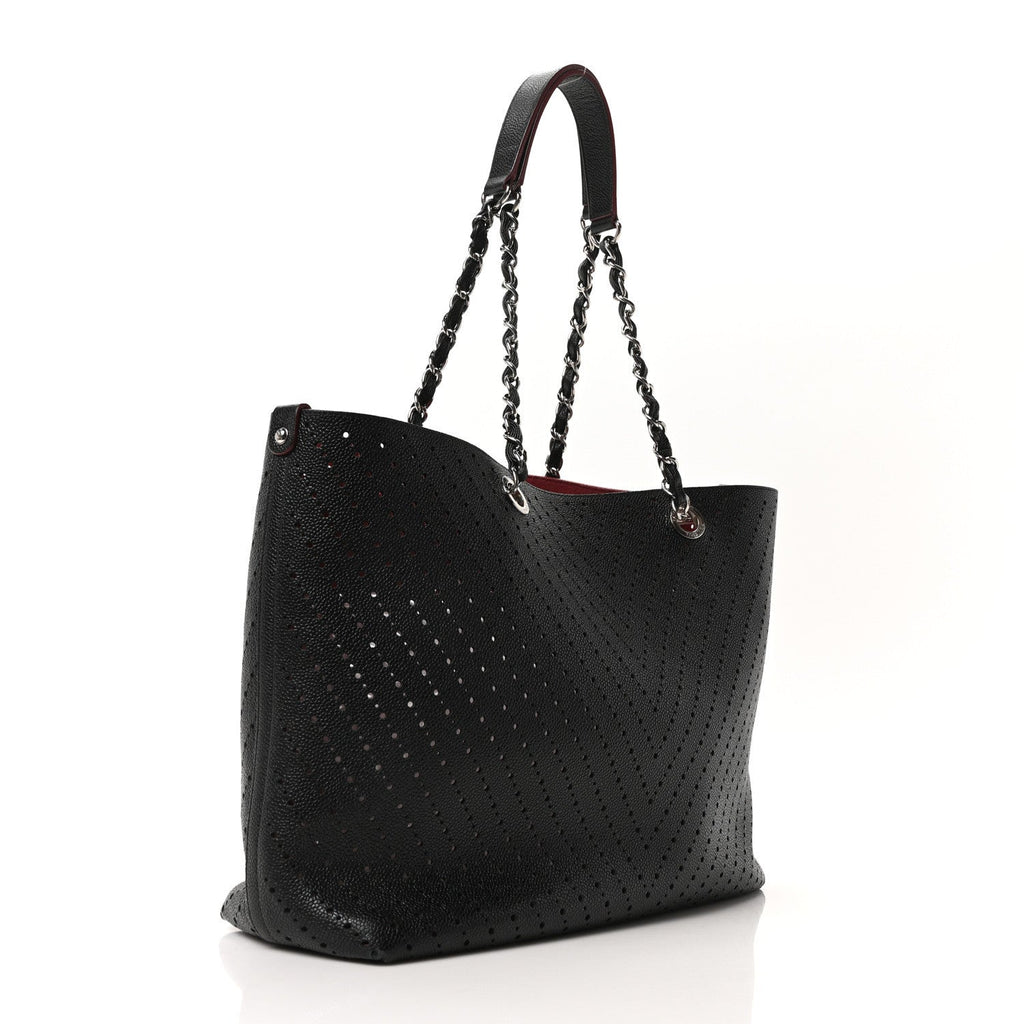 Perforated Grained Calfskin Large Shopping Tote Black