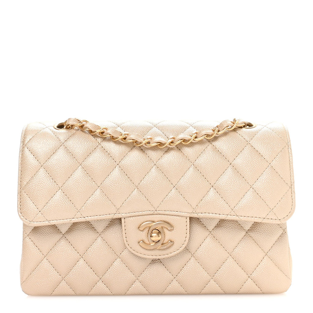 Metallic Caviar Quilted Small Double Flap Beige