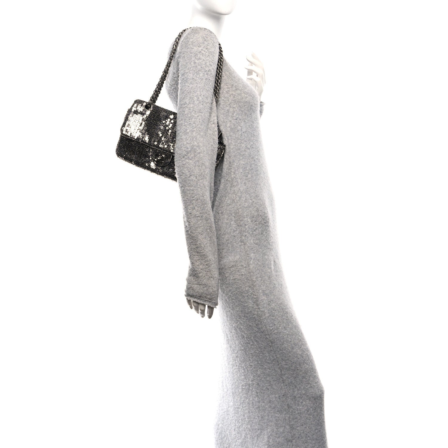 Sequin Medium Single Flap Dark Silver