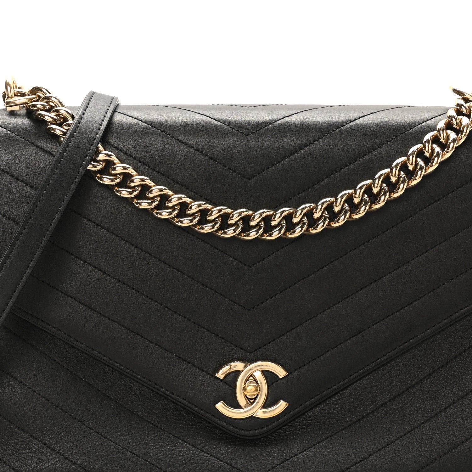 Calfskin Chevron Stitched Large Envelope Flap Black