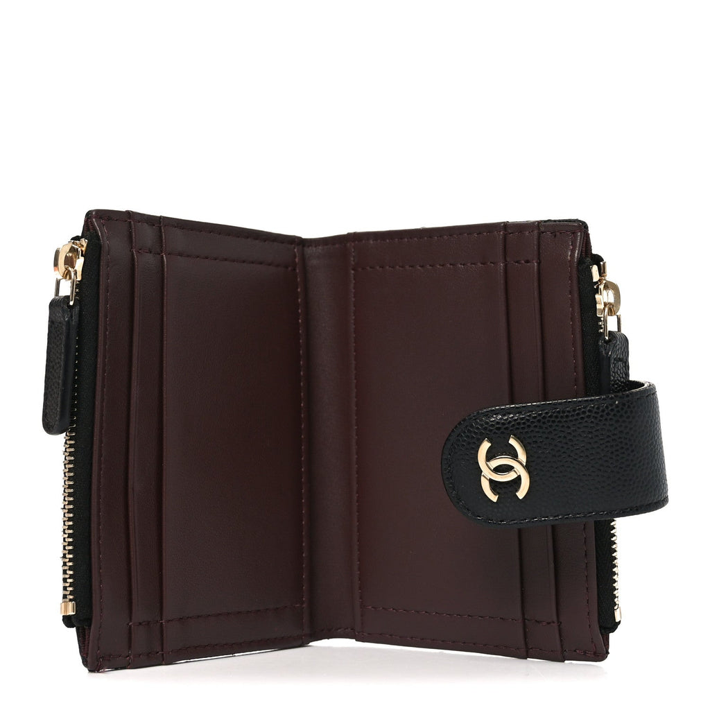 Caviar Quilted Compact Zipped Pocket Wallet Black