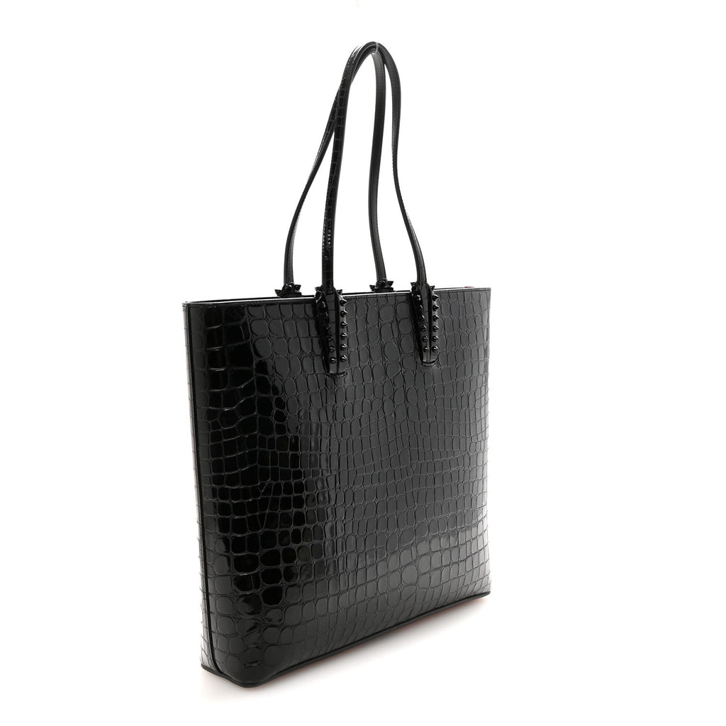 Patent Calfskin Crocodile Embossed Spikes Zipped Cabata Tote Black
