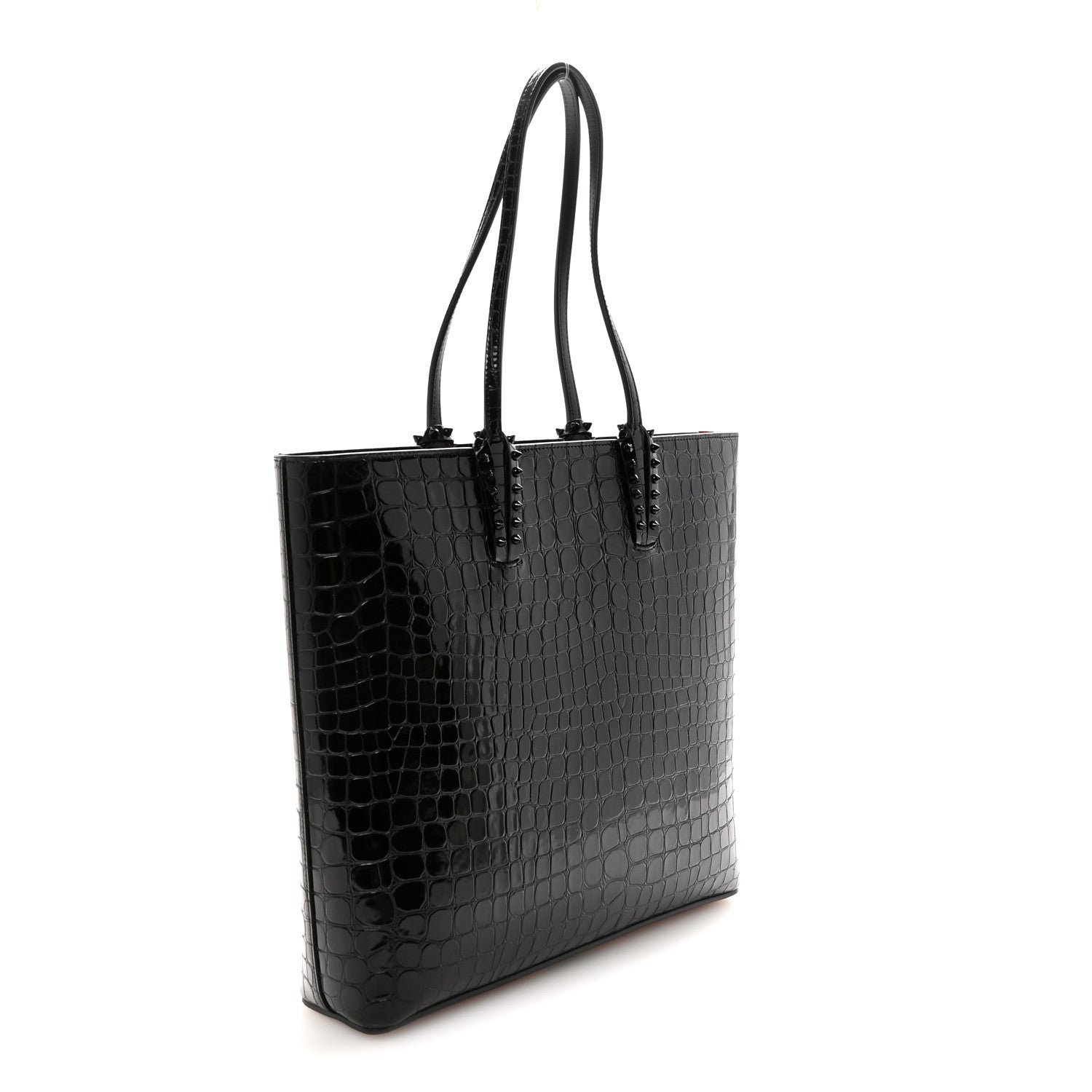 Patent Calfskin Crocodile Embossed Spikes Zipped Cabata Tote Black