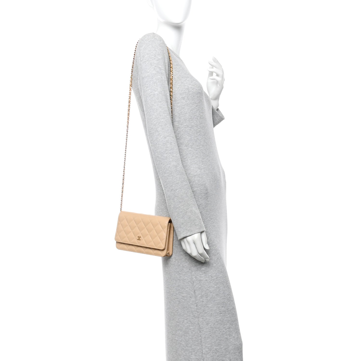 Caviar Quilted Wallet on Chain WOC Beige