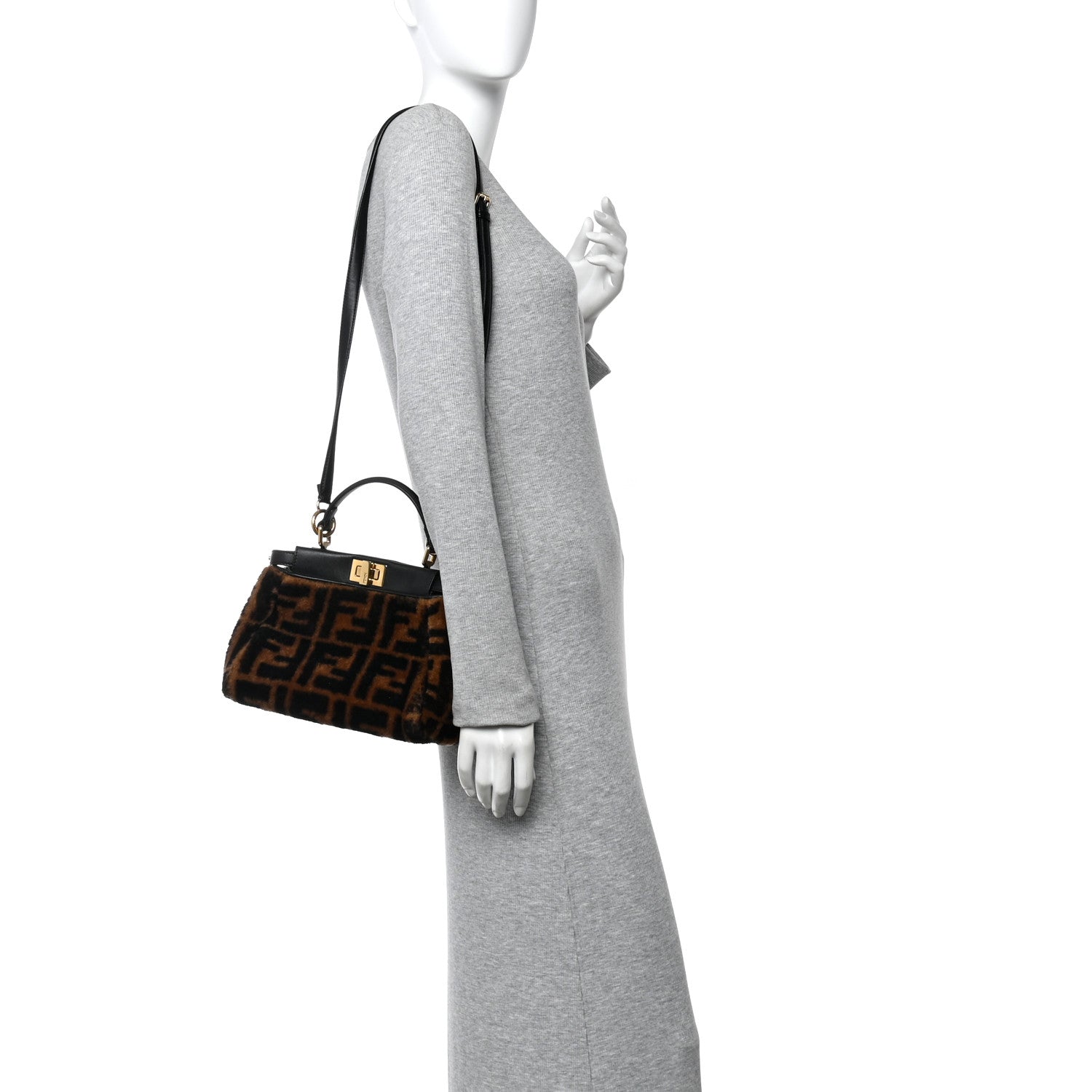 Shearling Nappa Macro FF 1974 Mini Peekaboo Iconic Satchel Tobacco Black