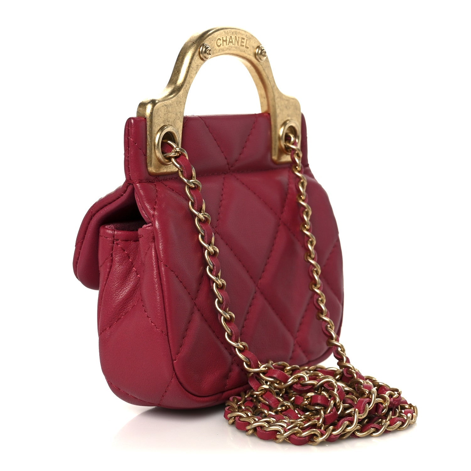 Calfskin Quilted Lady Handle Flap  Holder With Chain Dark Pink