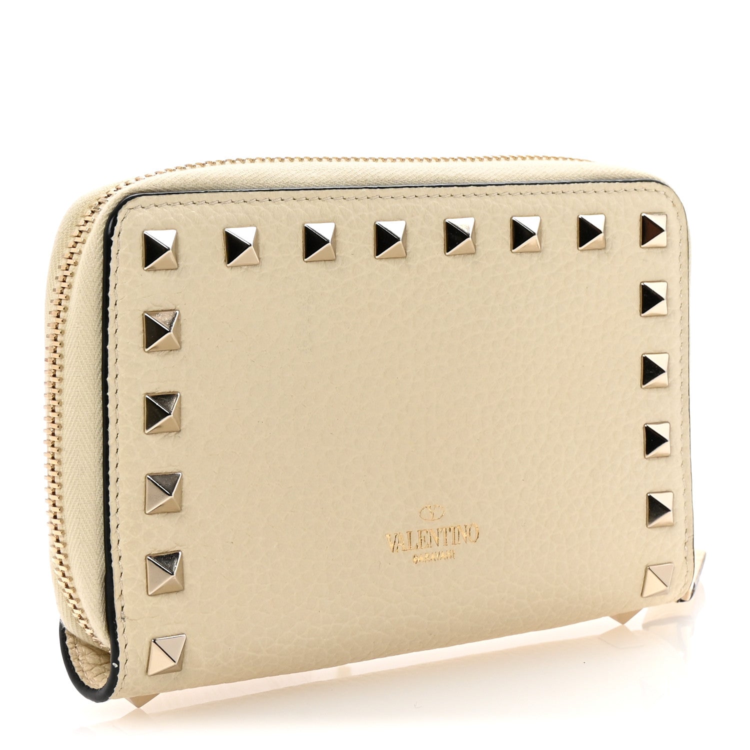 Pebbled Calfskin Rockstud Compact Zip Around Wallet Light Ivory