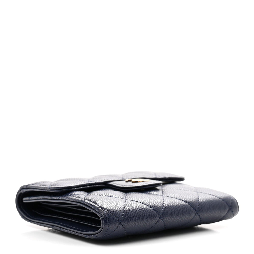 Caviar Quilted Compact Flap Wallet Navy
