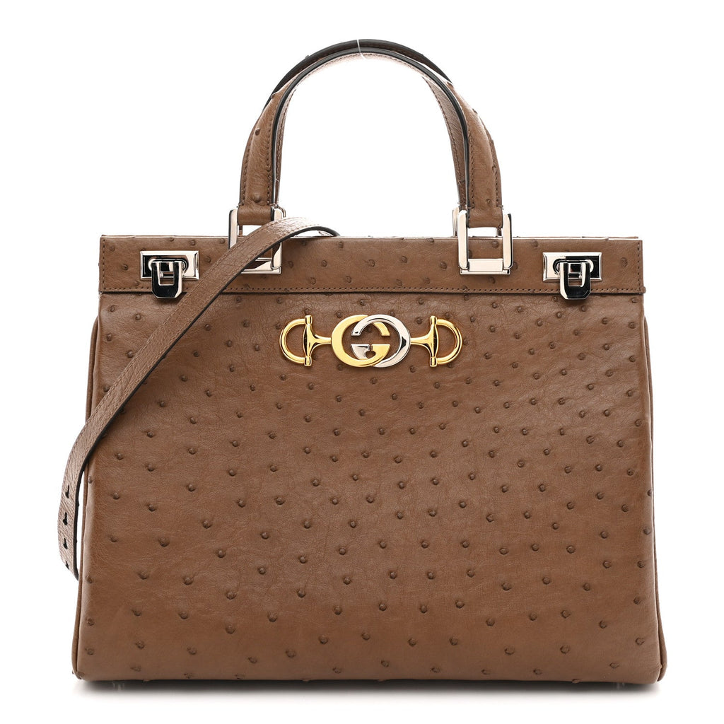 Ostrich Medium Zumi Top Handle Bag Brown