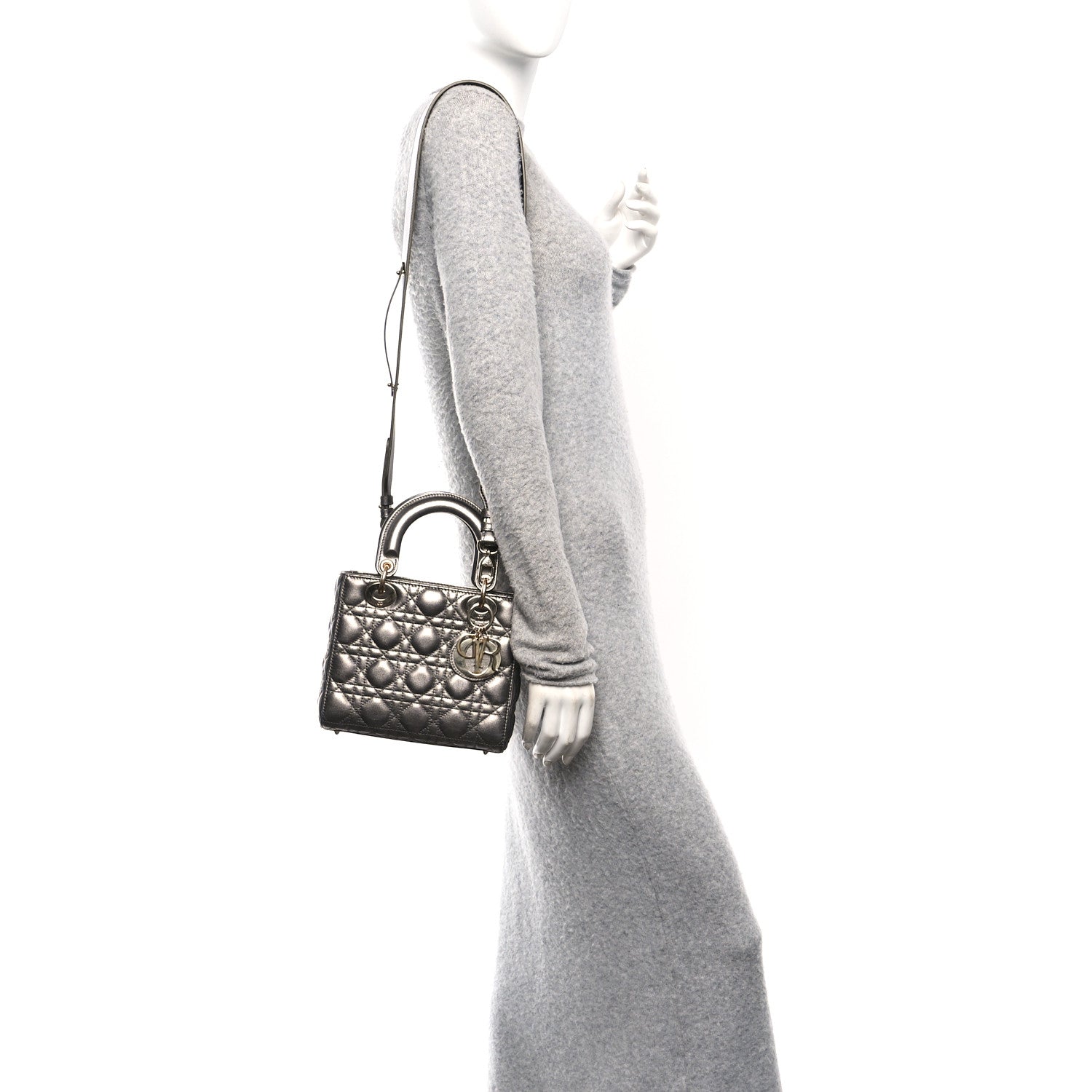 Metallic Lambskin Cannage Small My ABCDior Lady Dior Dark Silver