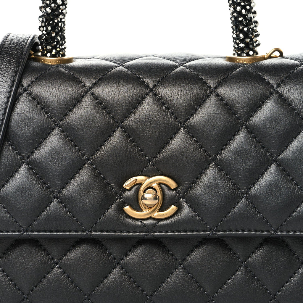Calfskin Strass Quilted Mini Coco Handle Flap Dark Silver