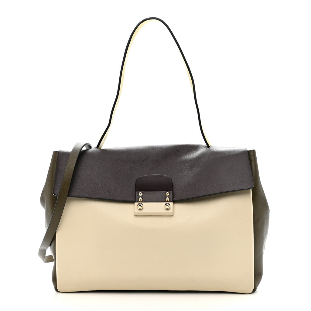 Calfskin Colorblock Mime Single Handle Bag Cream Burgundy Multicolor