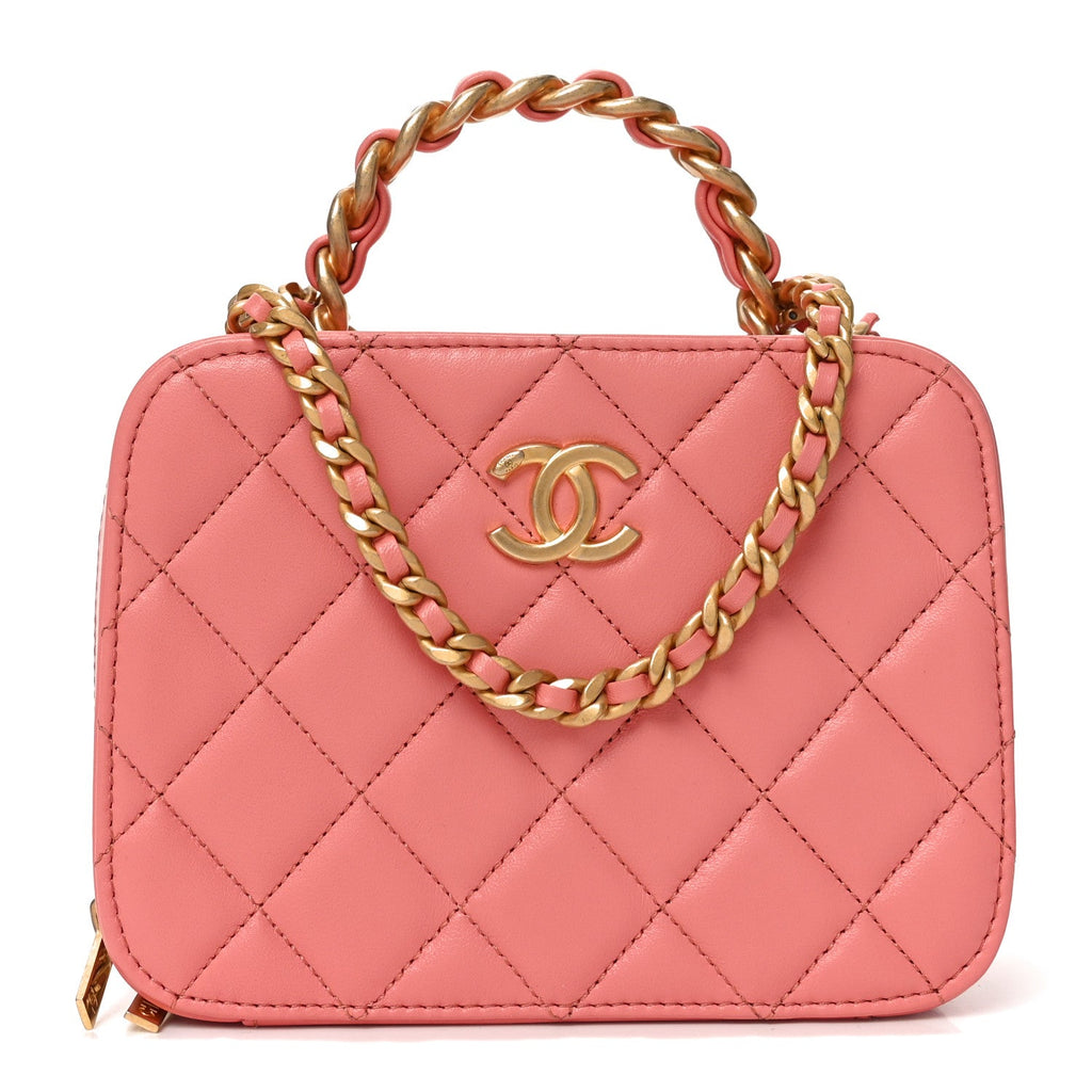 Lambskin Quilted Top Handle Small Vanity Case Pink