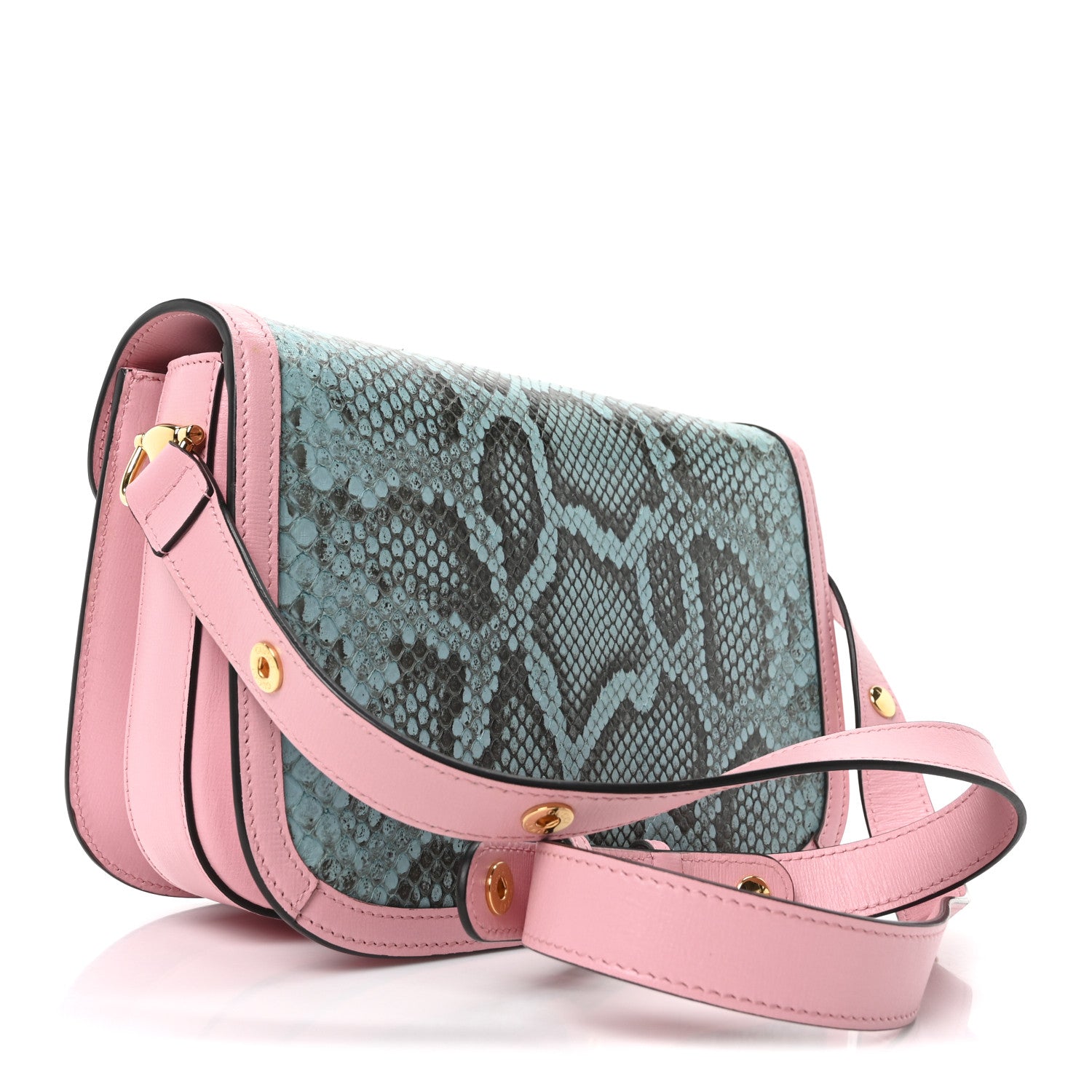 Snakeskin Calfskin Horsebit 1955 Shoulder Bag Blue Pink