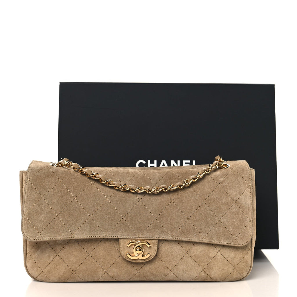 Suede Calfskin Small Souplissimo Maxi Flap Dark Beige