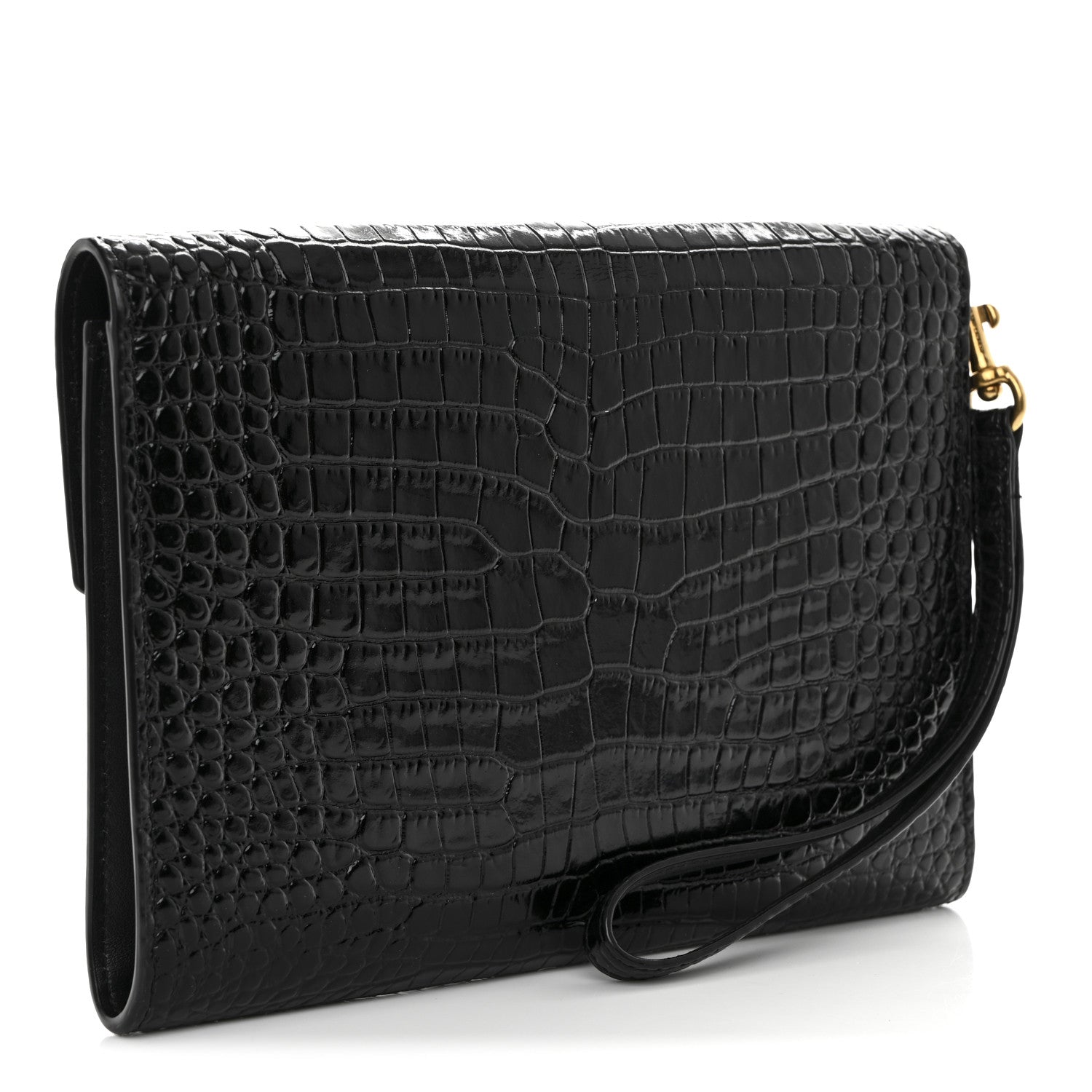 Calfskin Crocodile Embossed Monogram Cassandre Flap Pouch Black
