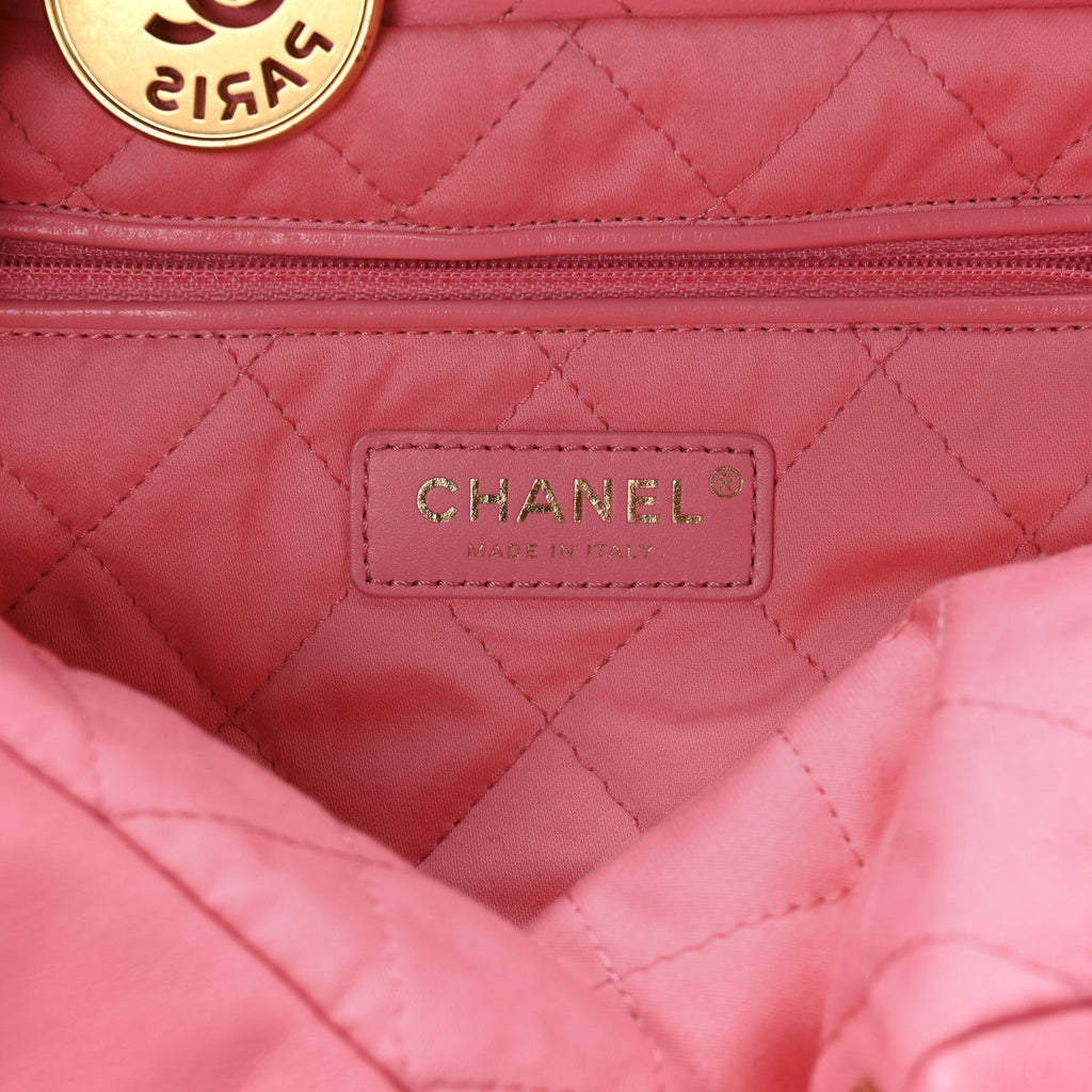 Shiny Calfskin Quilted Chanel 22 Drawstring Bag Pink