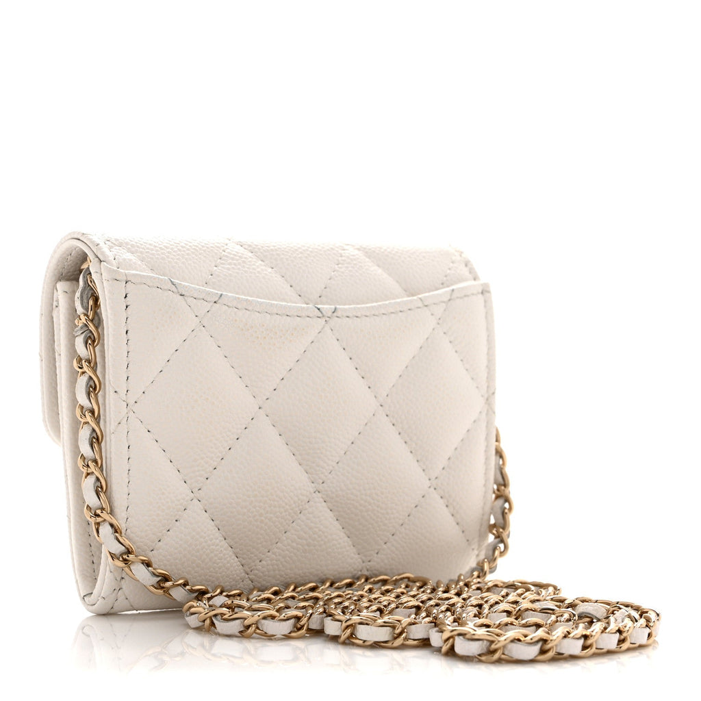 Caviar Quilted Flap  Holder On Chain White