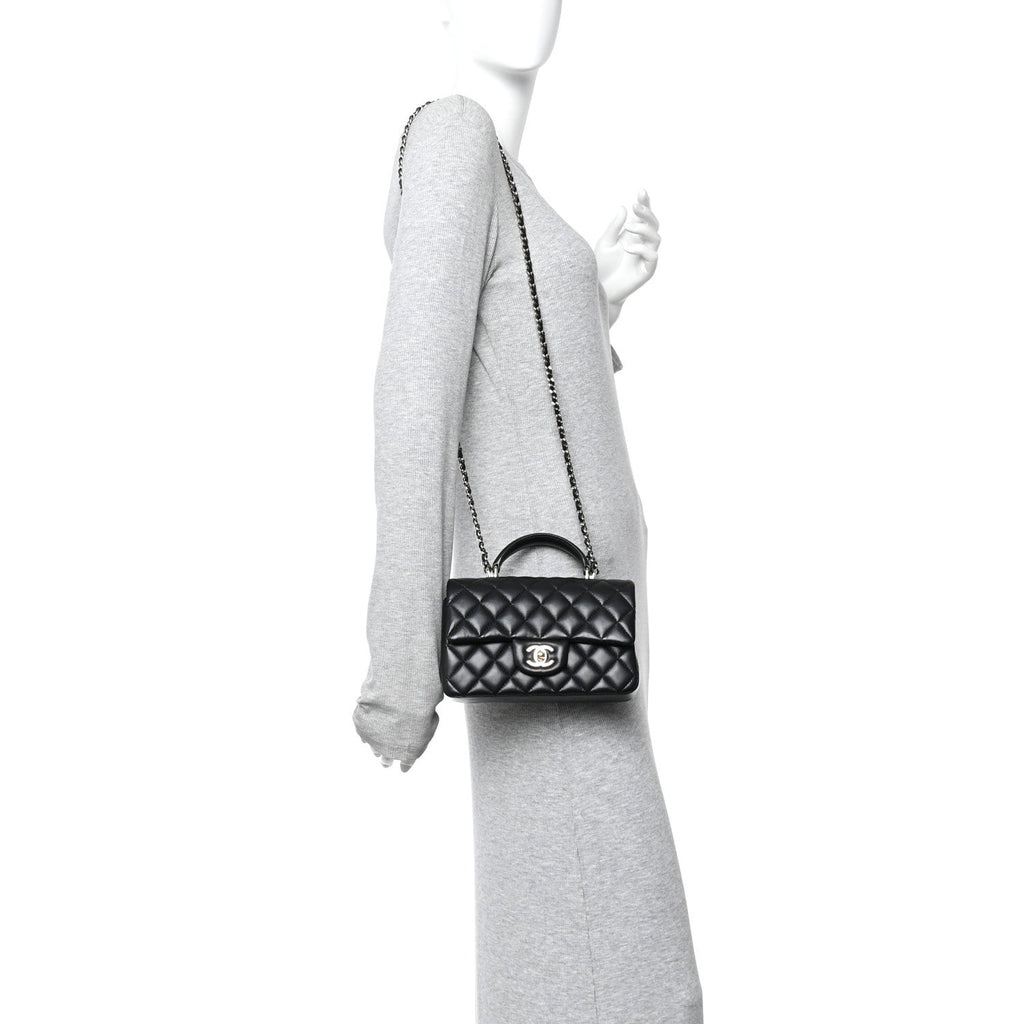 Lambskin Quilted Mini Top Handle Rectangular Flap Black