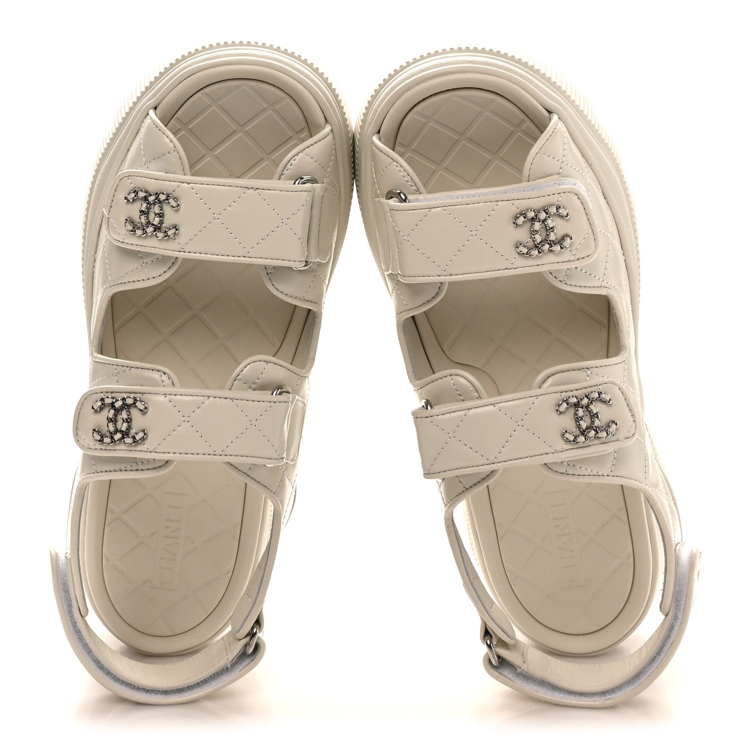 Shiny Calfskin Chain CC Velcro Dad Platform Sandals 39 White