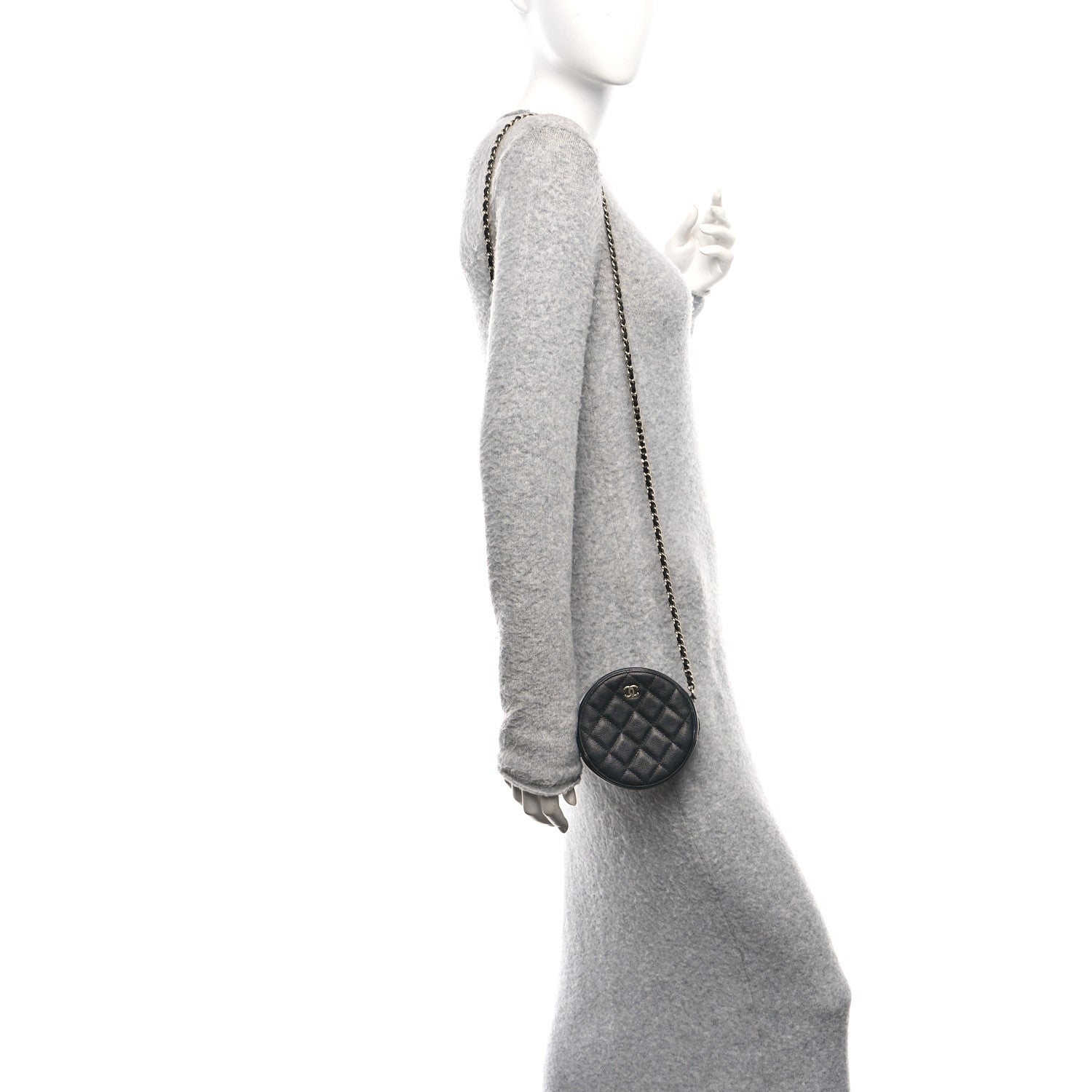 Caviar Quilted Round Clutch With Chain Black